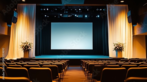 Empty Auditorium with Screen and Curtains	 photo