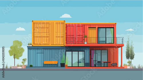 Illustration of a modular house. Modular house made from shipping containers. Modern house.