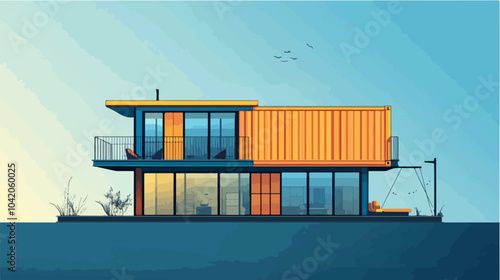 Illustration of a modular house. Modular house made from shipping containers. Modern house.