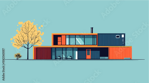 Illustration of a modular house. Modular house made from shipping containers. Modern house.