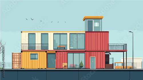 Illustration of a modular house. Modular house made from shipping containers. Modern house.