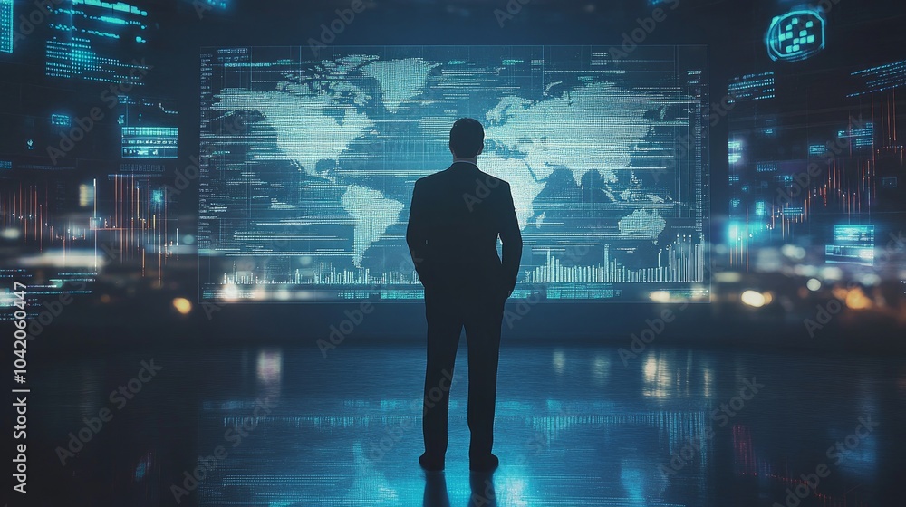 On a virtual screen, a businessman analyzes prospects, makes smart financial decisions, and negotiates the challenges of risk management and strategy. On a virtual screen, a businessman analyzes prospects, makes smart financial decisions, and negotiates the challenges of risk management and strategy.