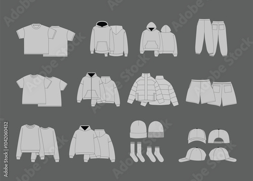 Streetwear Mockup Pack Template Bundle – Editable Vectors for Clothing Designers  Collection of various clothing items including t-shirts, hoodies, jackets, pants, shorts, beanies, and caps flats
