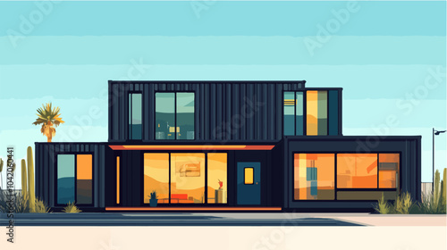 Illustration of a modular house. Modular house made from shipping containers. Modern house.