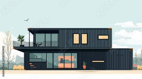 Illustration of a modular house. Modular house made from shipping containers. Modern house.