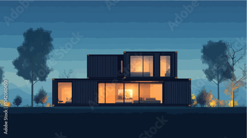 Illustration of a modular house. Modular house made from shipping containers. Modern house.
