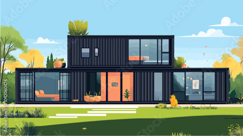 Illustration of a modular house. Modular house made from shipping containers. Modern house.