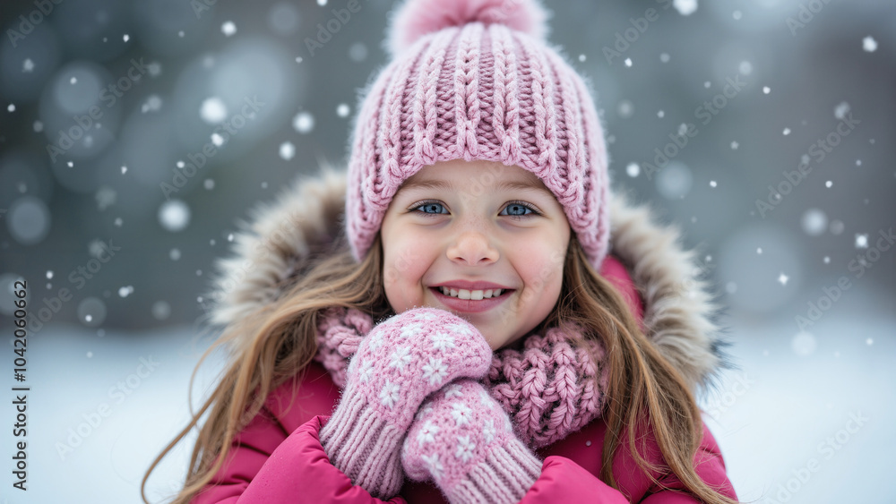 Joyful Little Girl in Winter Wonderland: Perfect for Holiday Ads, Children's Clothing Campaigns, and Seasonal Marketing Joyful Little Girl in Winter Wonderland: Perfect for Holiday Ads, Children's Clothing Campaigns, and Seasonal Marketing