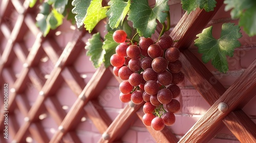 Fresh red grapes hanging from a wooden trellis, ideal for health and nature themes. photo