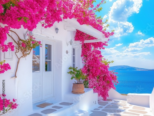 White Building with Pink Flowers by Sea	 photo