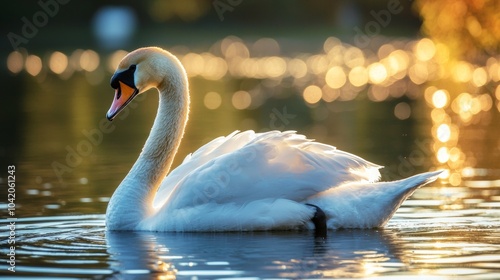 Graceful swan swimming in a lake at sunset with bokeh lights photo