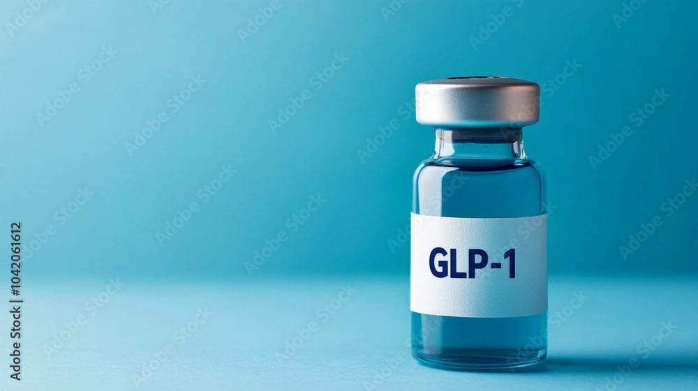 GLP-1 Vial. Medication Symbol on Blue Background GLP-1 Vial. Medication Symbol on Blue Background
