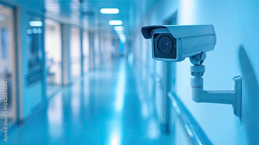 A CCTV camera positioned in a hospital hallway, ensuring patient and staff safety in a healthcare setting. A CCTV camera positioned in a hospital hallway, ensuring patient and staff safety in a healthcare setting.