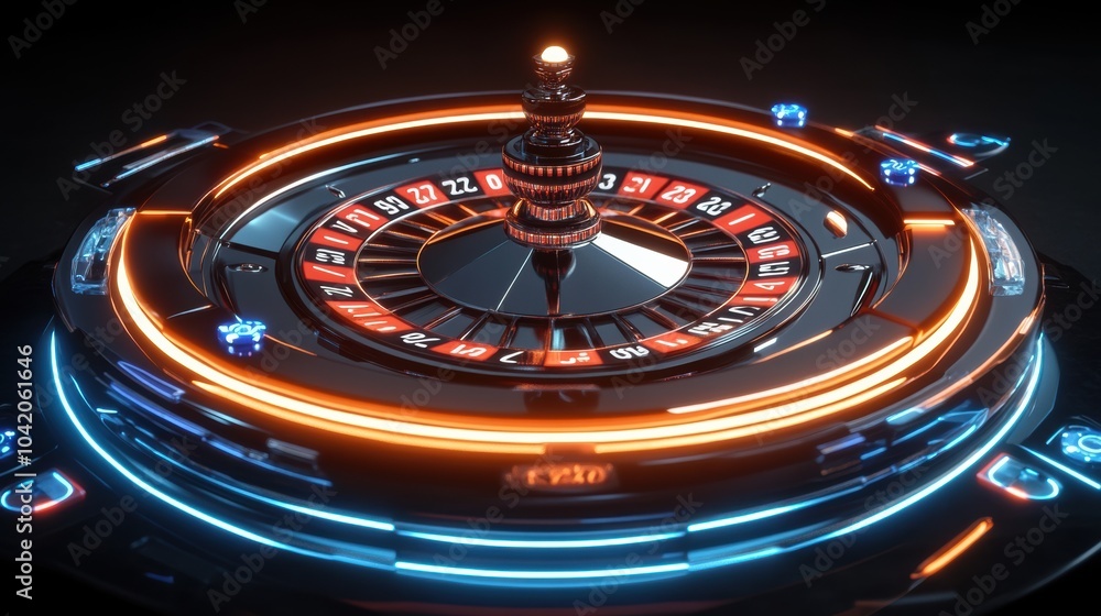 A roulette table glows with neon numbers, creating an electrifying atmosphere at a bustling casino during a lively gaming session. Generative AI A roulette table glows with neon numbers, creating an electrifying atmosphere at a bustling casino during a lively gaming session. Generative AI