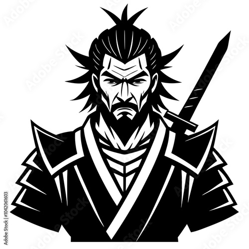 Samurai with vivid style silhouette vector illustration on white background