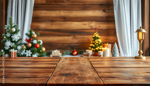 Empty wooden table with christmas theme in background with a white accent, png