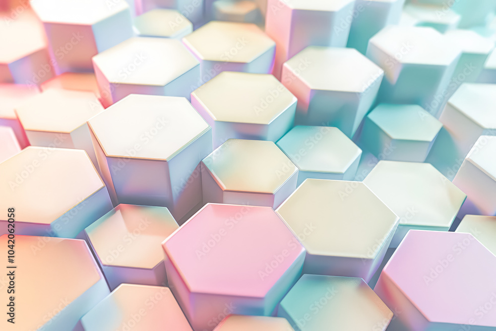 Colorful image of hexagonal shapes in various shades of pink, blue, and green. The image has a playful and whimsical mood, with the bright colors and unique shapes creating a sense of fun Colorful image of hexagonal shapes in various shades of pink, blue, and green. The image has a playful and whimsical mood, with the bright colors and unique shapes creating a sense of fun
