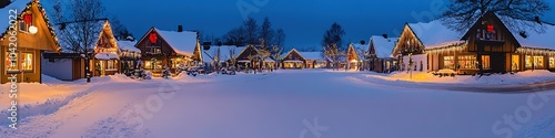 Wallpaper Mural Panoramic snowy village at twilight with festive lights Torontodigital.ca