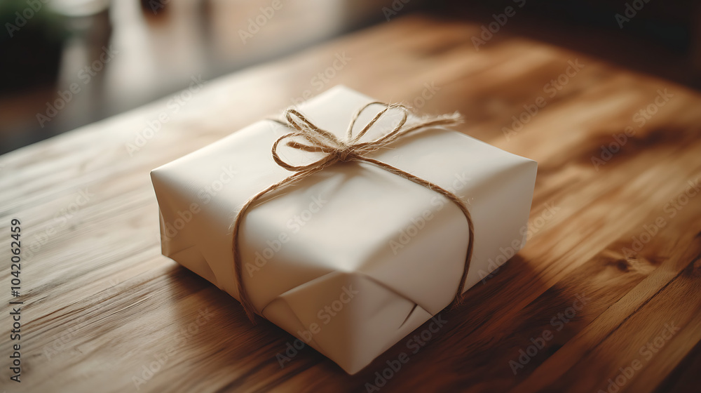 Simple White Gift Box with Twine Bow on Wooden Tabletop Simple White Gift Box with Twine Bow on Wooden Tabletop