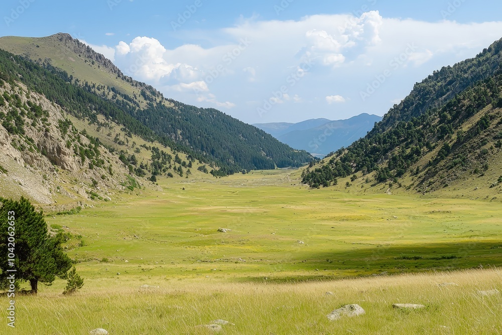 Fototapeta premium A breathtaking view of a lush green valley surrounded by mountains on a sunny day