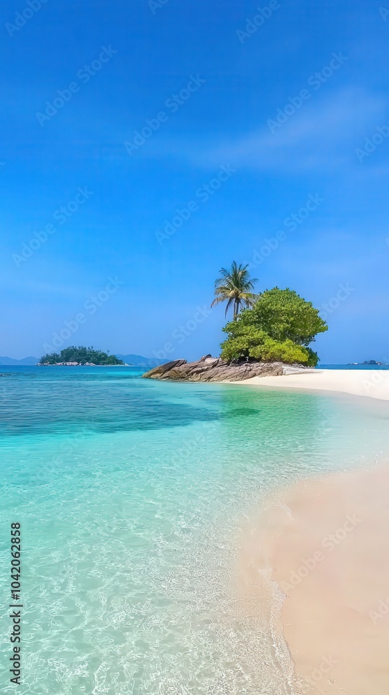 A tranquil tropical beach with crystal-clear waters and a solitary palm tree on the shore A tranquil tropical beach with crystal-clear waters and a solitary palm tree on the shore