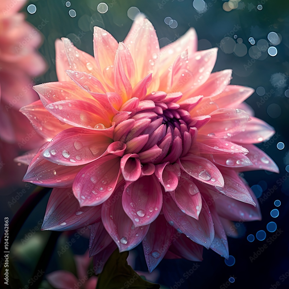 Radiant pink dahlia with dewdrops in soft light Radiant pink dahlia with dewdrops in soft light