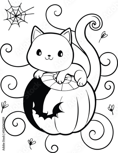 Hand-drawn Cat setting pumpkin spider net Spooky bat black line art coloring page, kids coloring book. Generative Ai