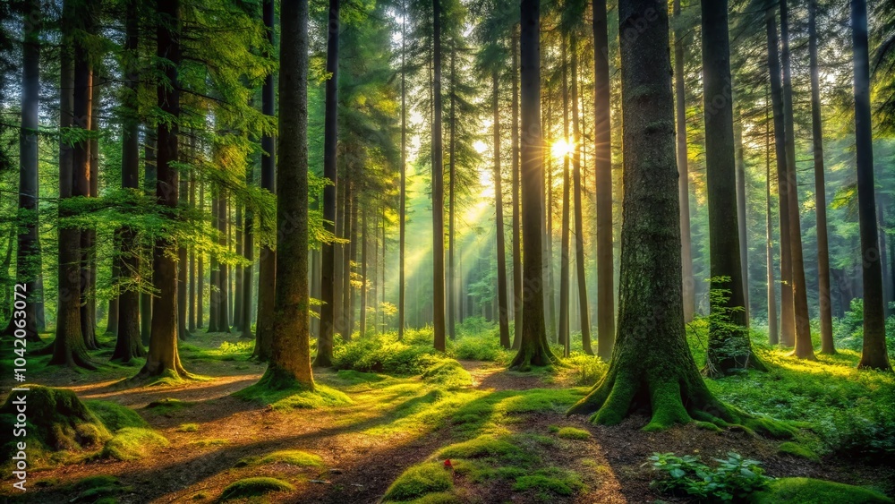 Fototapeta premium Tall Dense Trees in Dark Woods - Lush Forest Litter and Green Bushes