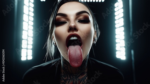 Woman with Tattoos Sticking Out Tongue	 photo