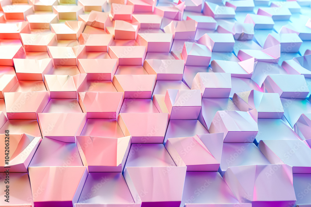 Colorful image of hexagonal shapes in various shades of pink, blue, and green. The image has a playful and whimsical mood, with the bright colors and unique shapes creating a sense of fun Colorful image of hexagonal shapes in various shades of pink, blue, and green. The image has a playful and whimsical mood, with the bright colors and unique shapes creating a sense of fun