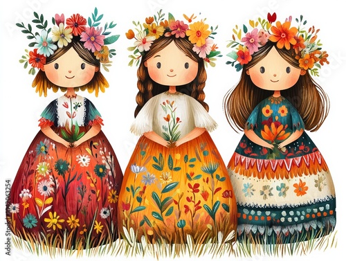 Traditional folk costumes from Poland, girls with flowers in their hair wearing dresses and headscarves decorated with floral patterns, in the paper cutout style