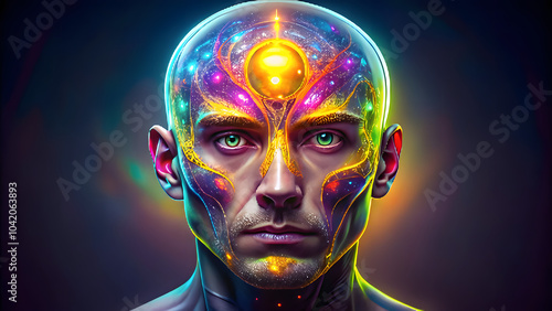 Futuristic portrait of a man with glowing patterns on his face and vibrant cosmic elements 