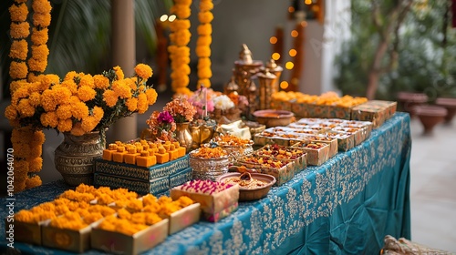 A beautifully decorated table filled with colorful boxes of Diwali sweets and gifts, ready to be exchanged among friends and family. The table is adorned with marigold flowers, diyas, photo