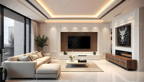 Elevation rendering of a room modern luxury style with interior desgin built-in white wall with tv cabinet with stylish sofa