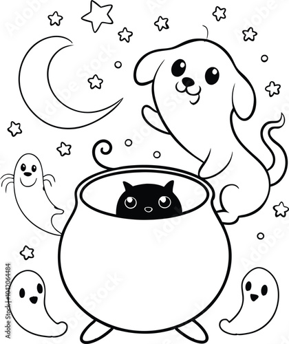 Halloween cute ghost flying pumpkin bat black line art coloring page, kids coloring book. Generative Ai