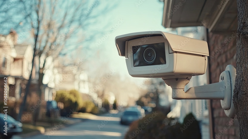 CCTV camera in a residential neighborhood, showcasing home security technology in a suburban setting. CCTV camera in a residential neighborhood, showcasing home security technology in a suburban setting.