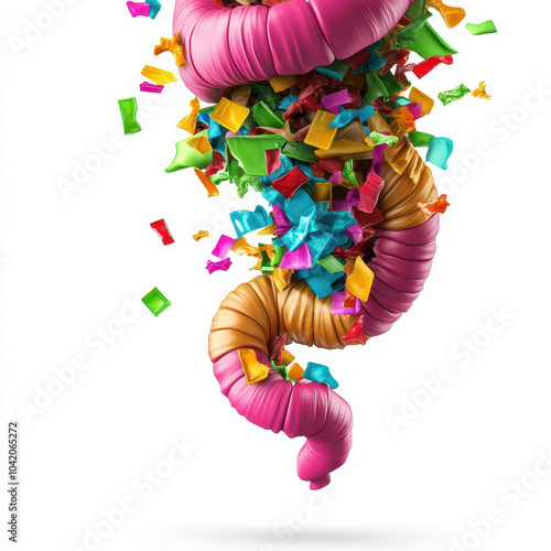 The human digestive system with colorful microplastic particles adhering to it, symbol of pollution in the human body, isolated white background.