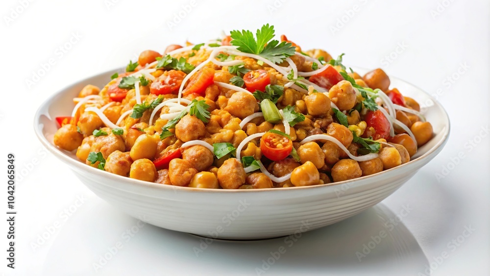 Point of view chana chaat on simple isolated white background in hyperrealism photography Point of view chana chaat on simple isolated white background in hyperrealism photography