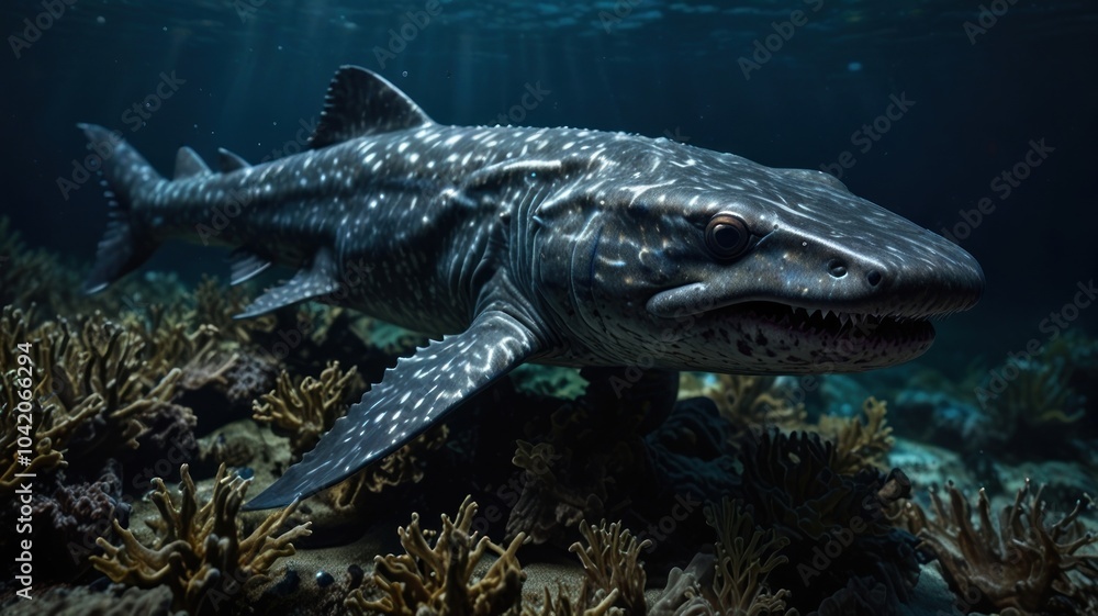 A large, grey shark with white spots swims through a coral reef. The shark has its mouth open, revealing sharp teeth. Sunlight streams down from above. A large, grey shark with white spots swims through a coral reef. The shark has its mouth open, revealing sharp teeth. Sunlight streams down from above.