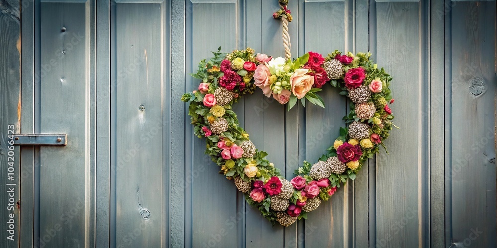 Point of View Door with apron and heart shaped wreath of flowers Point of View Door with apron and heart shaped wreath of flowers