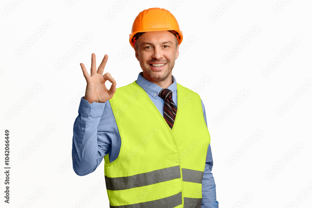 Building Is Okay. Construction Site Worker Gesturing Ok Posing Over White Studio Background, Smiling To Camera Building Is Okay. Construction Site Worker Gesturing Ok Posing Over White Studio Background, Smiling To Camera