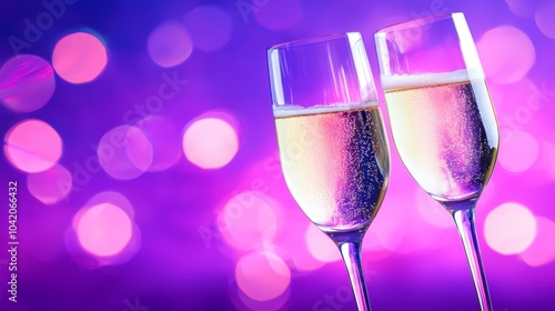 Two elegant champagne flutes clinking together against a vibrant purple bokeh background, celebrating joy and special moments.