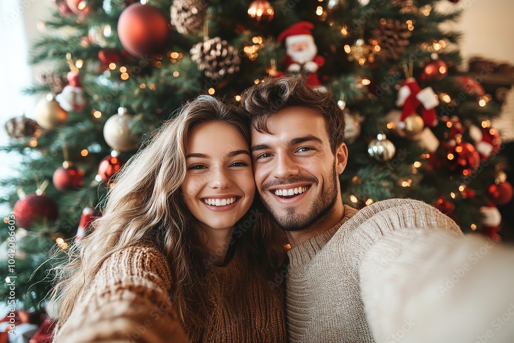 Couple selfie with festive Christmas tree backdrop Couple selfie with festive Christmas tree backdrop