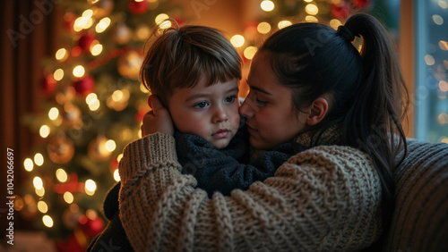 Bittersweet Christmas Embrace: Mother Comforts Sad Child Amid Festive Decor - Perfect for Holiday Mental Health Campaigns