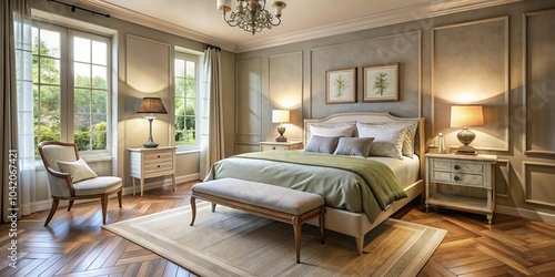 Cozy asymmetrical bedroom with double bed in Provence style apartment photo