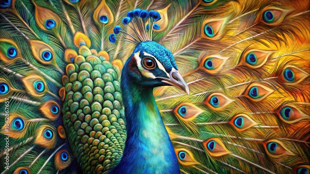 Obraz premium Point of view painting of a peacock with colorful feathers in the background