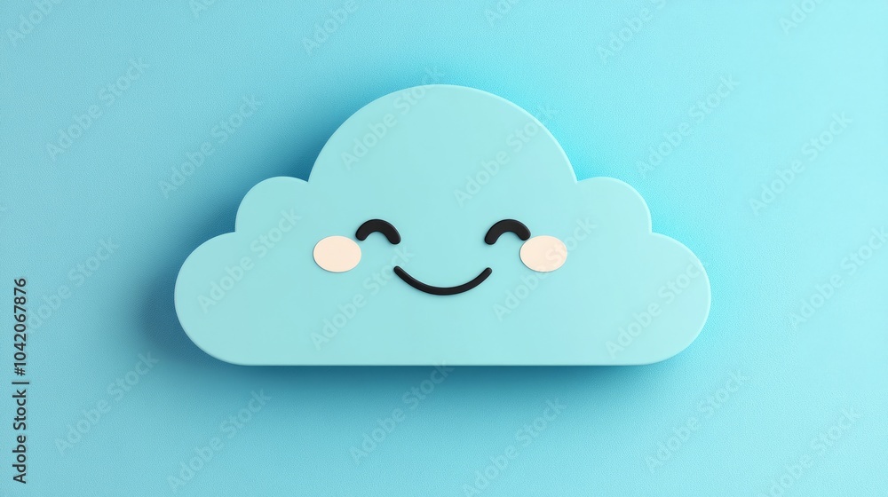 A 3D rendered blue cloud with a smiling face on a light blue background. A 3D rendered blue cloud with a smiling face on a light blue background.