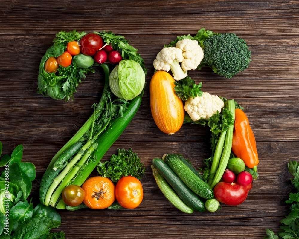 A vibrant arrangement of fresh vegetables forming the number 25 on a wooden surface. A vibrant arrangement of fresh vegetables forming the number 25 on a wooden surface.