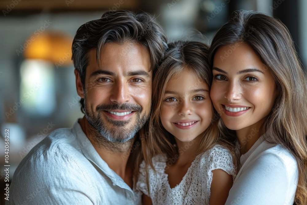 A happy family of three smiling together in a cozy indoor setting during daylight hours A happy family of three smiling together in a cozy indoor setting during daylight hours