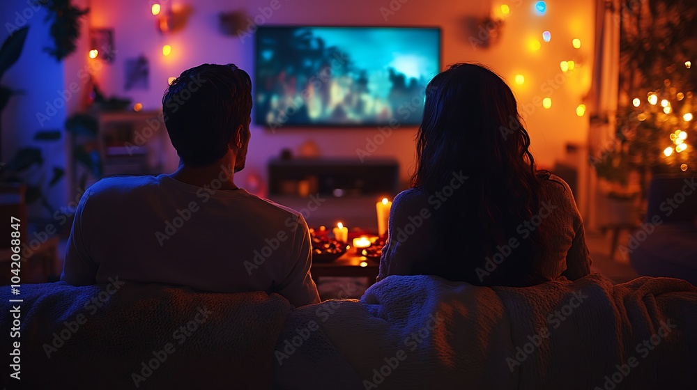A cozy Diwali movie night setup in a living room, with a couple watching a festive show while snuggled under blankets. The coffee table is decorated with traditional Indian sweets and candles, A cozy Diwali movie night setup in a living room, with a couple watching a festive show while snuggled under blankets. The coffee table is decorated with traditional Indian sweets and candles,